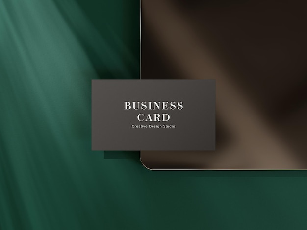 PSD luxury top view business card mockup with dark green background