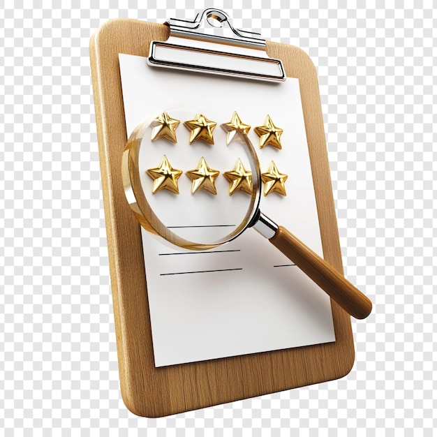 PSD magnifying glass on clipboard with five stars