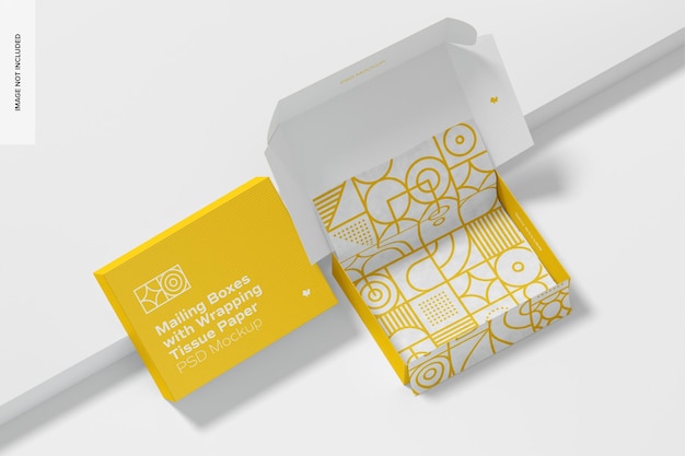 PSD mailing boxes with wrapping tissue paper mockup