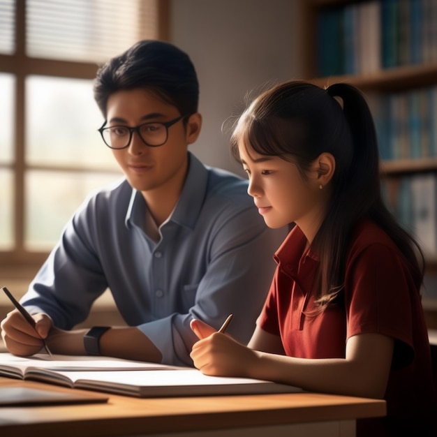 PSD a man and a girl are sitting at a desk and one of them is wearing glasses