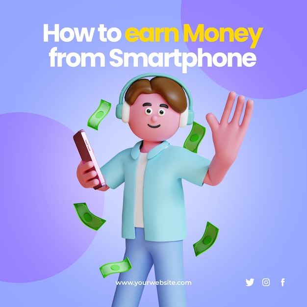 man holding smartphone with falling money template