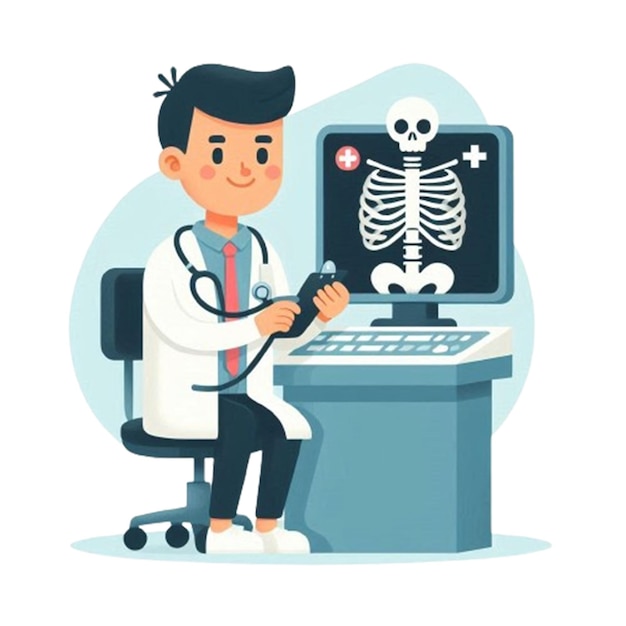 PSD man in a lab coat sits at a computer with a skeleton on the screen