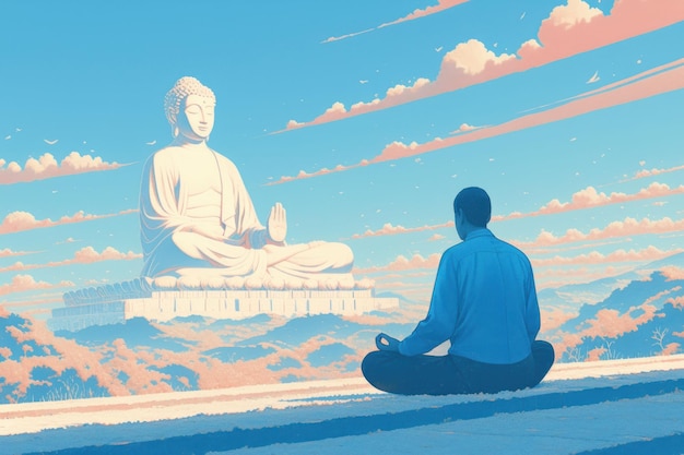 PSD a man meditates in front of a large white buddha statue overlooking a serene landscape with a bright blue sky and fluffy clouds