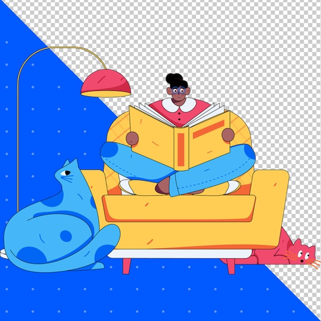 PSD a man reading a book with a blue bear on the couch