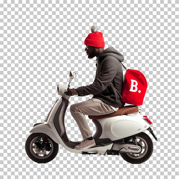 A man on scooter with red helmet and hat