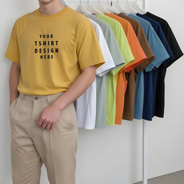 PSD a man stands in front of a row of shirts with your workout