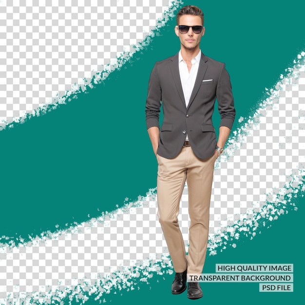 PSD a man in sunglasses and a suit stands in front of a green and blue background