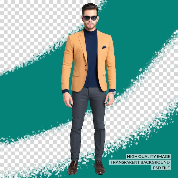 PSD a man wearing sunglasses and a yellow jacket stands in front of a green and blue background