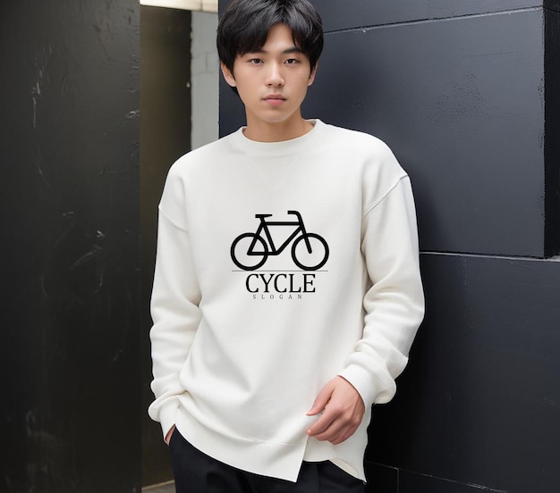 PSD a man wearing a white sweater that says bicycle on it