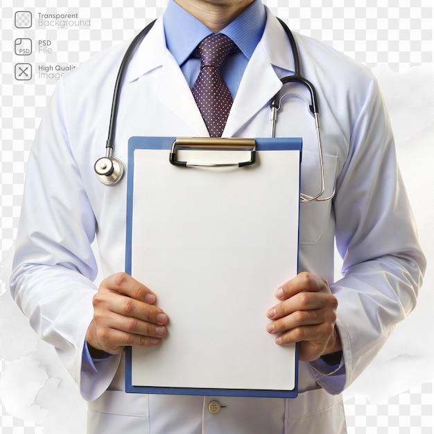 PSD a man in a white lab coat holding a clipboard with a white page