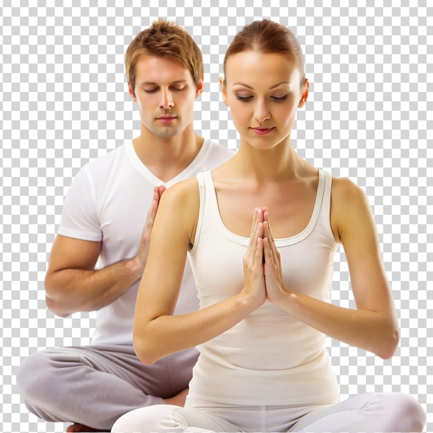 PSD a man and a woman are sitting in a yoga pose with their hands in front of them on transparent background