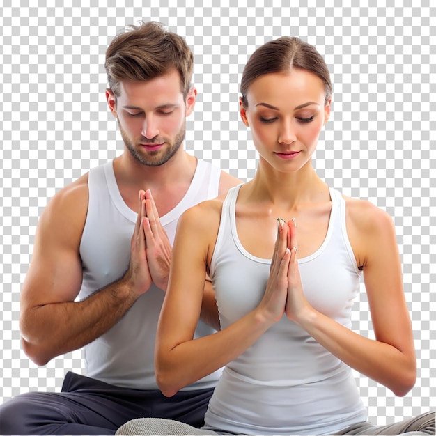 PSD a man and a woman are sitting in a yoga pose with their hands in front of them on transparent background