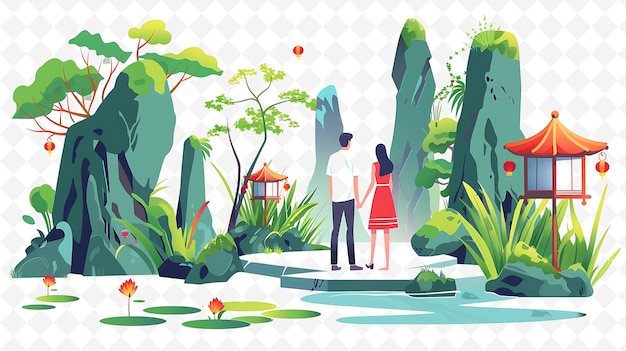 PSD a man and a woman are standing in a pond with trees and plants