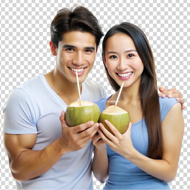 PSD a man and woman drinking from coconuts on transparent background