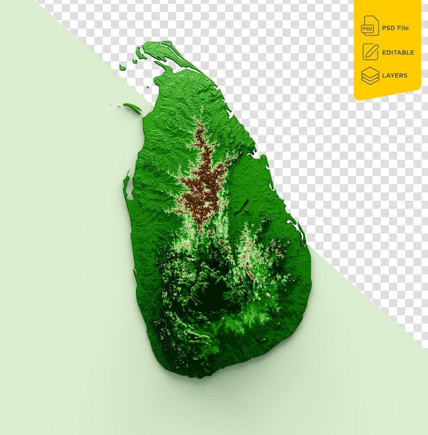 PSD mapa topograficzna sri lanki 3d realistyczna mapa kolor na pastelowo-zielonym tle 3d ilustracja