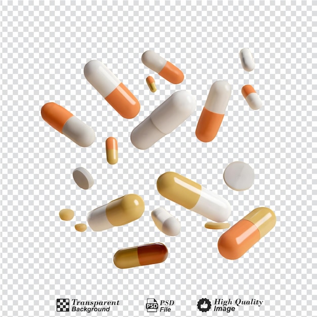 Medicine capsules and pills falling down isolated on transparent background