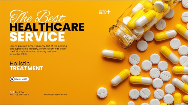 PSD medicine clinic banner template with white and yellow pills scattered