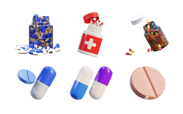 PSD medicine jar with pills icon set 3d render