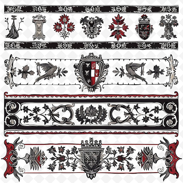 PSD medieval tapestry borderlines with heraldic symbols and flor png unique stylized motifs designs