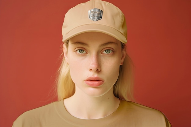 PSD medium shot young woman  wearing cap in studio