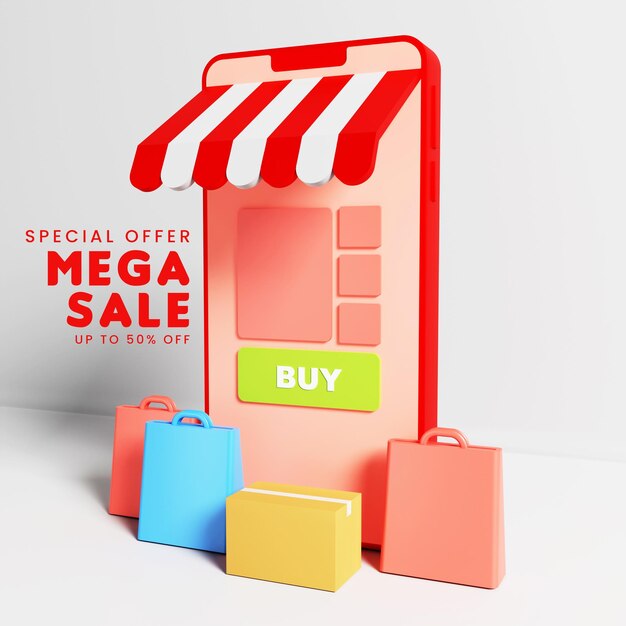 Mega sale banner template with 3d smartphone illustration