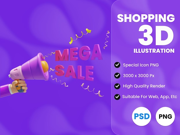 Megaphone with Mega Sale 3D Illustration