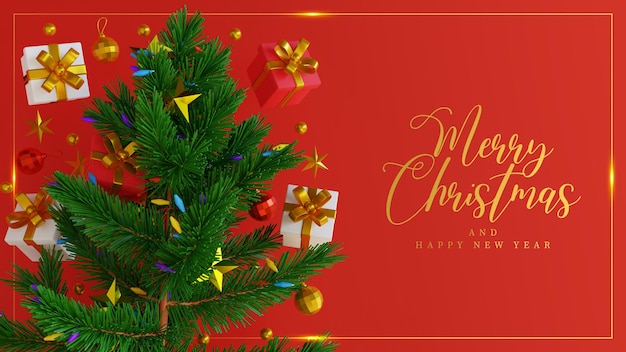 merry christmas greeting background with realistic 3d render tree