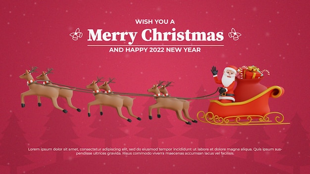 merry christmas greeting background with santa flying reindeer sleight