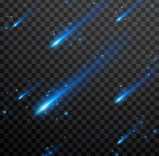 PSD meteor rain asteroids or meteorites flying in sky on a transparent background