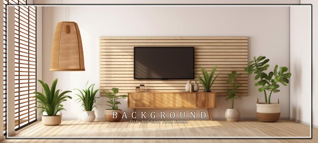 PSD minimalist living room with wooden wall and tv