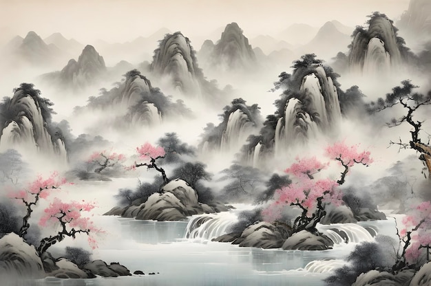 PSD misty mountains traditional chinese river landscape painting