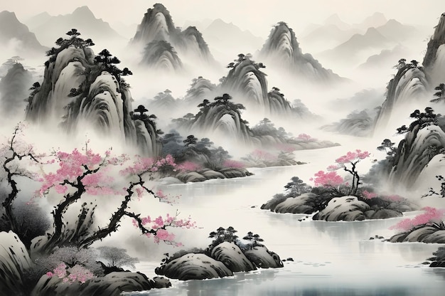 PSD misty mountains traditional chinese river landscape painting