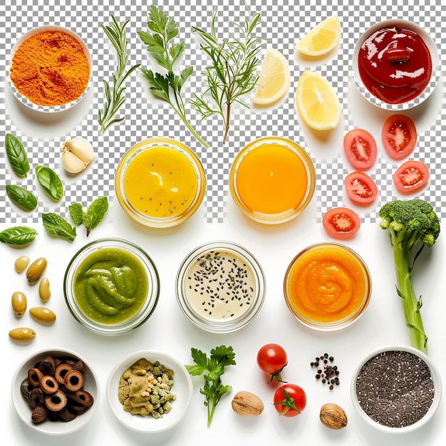 PSD mixes and blends ingredients for smoothies soups and o on transparent background