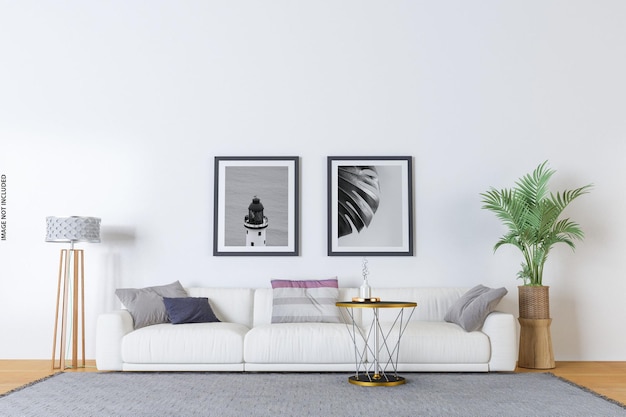 PSD mock up poster in modern living room interior design with empty wall