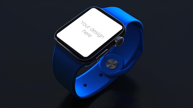 PSD mockup of black smart watch with blue strap on white background