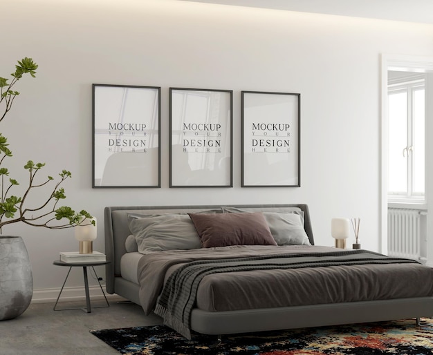 mockup poster in modern contemporary bedroom