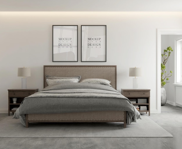 mockup poster in modern contemporary bedroom