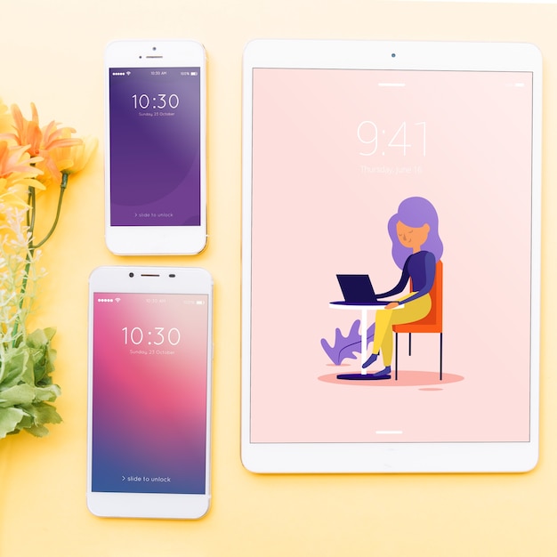PSD mockup of various devices with creativity or workspace concept