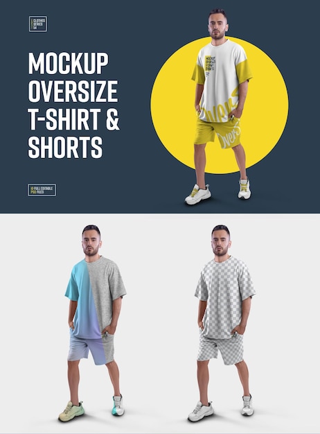 Mockups Oversize T-shirt and Shorts Kit. Easy in customizing colors all elenents T-shirt, Shorts