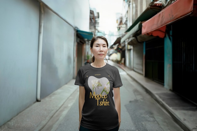 Model posing with t shirt mockup