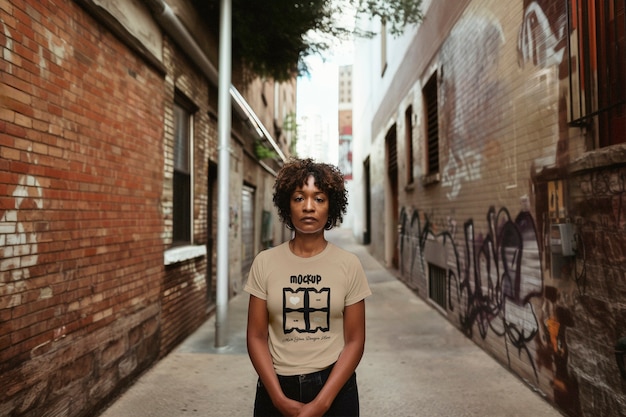 Model posing with t shirt mockup