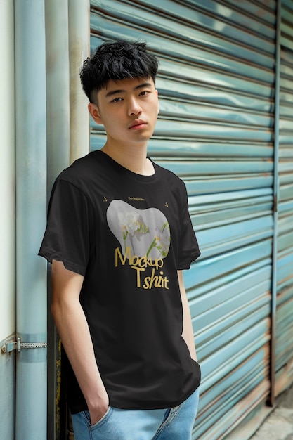 Model posing with t shirt mockup