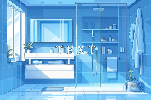 A modern bathroom with blue tile walls a glass shower a vanity with a sink a mirror towels and plants