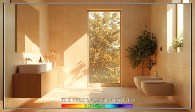 PSD modern bathroom with large window sunlight streaming in and plants