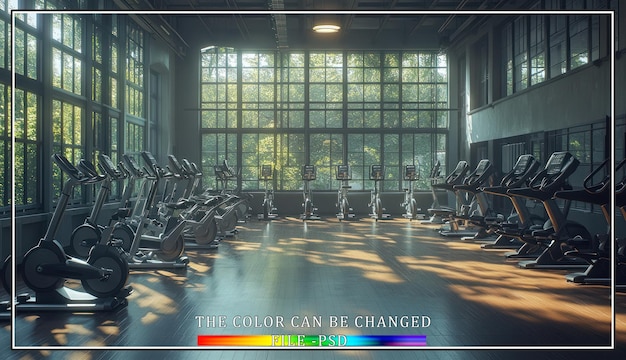 PSD modern gym interior with stationary bikes and treadmills