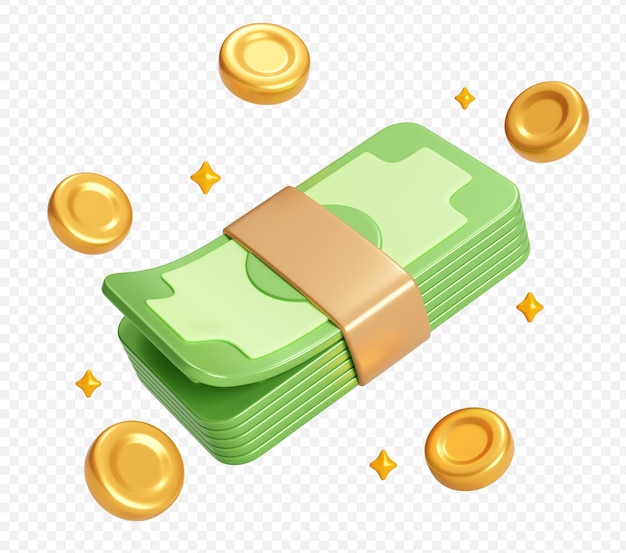 PSD money stack with coins and sparkles icon 3d illustration