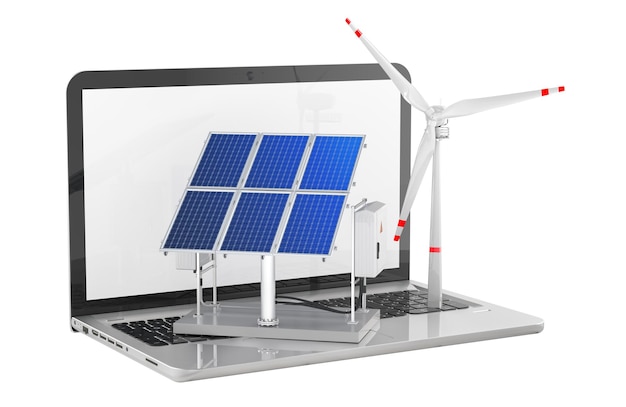 PSD monitoring and control of solar panels and wind turbines laptop with solar panels and wind turbines 3d rendering isolated on transparent background