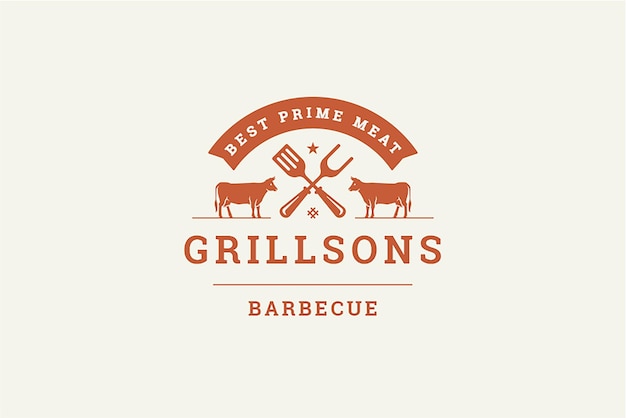 PSD monochrome grill restaurant meat shop bistro cafe logo design template with cows and ribbon