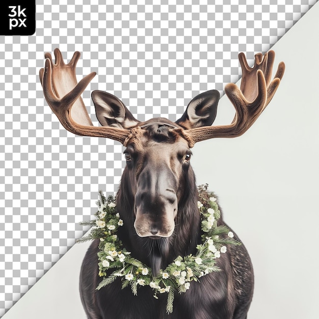 a moose with a wreath around its neck