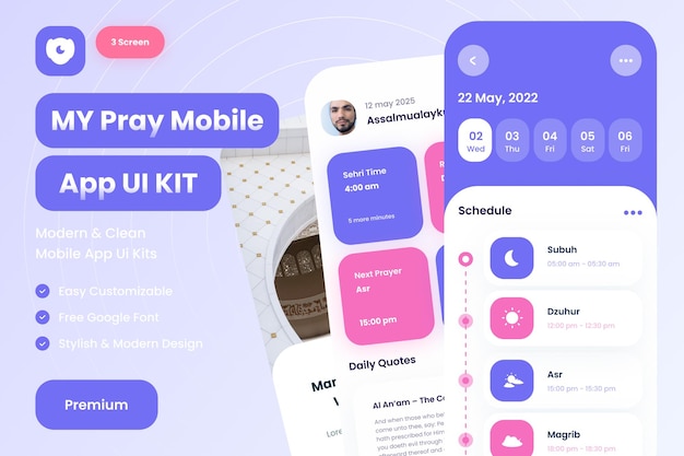 muslim mobile app. pray time apps ui kits